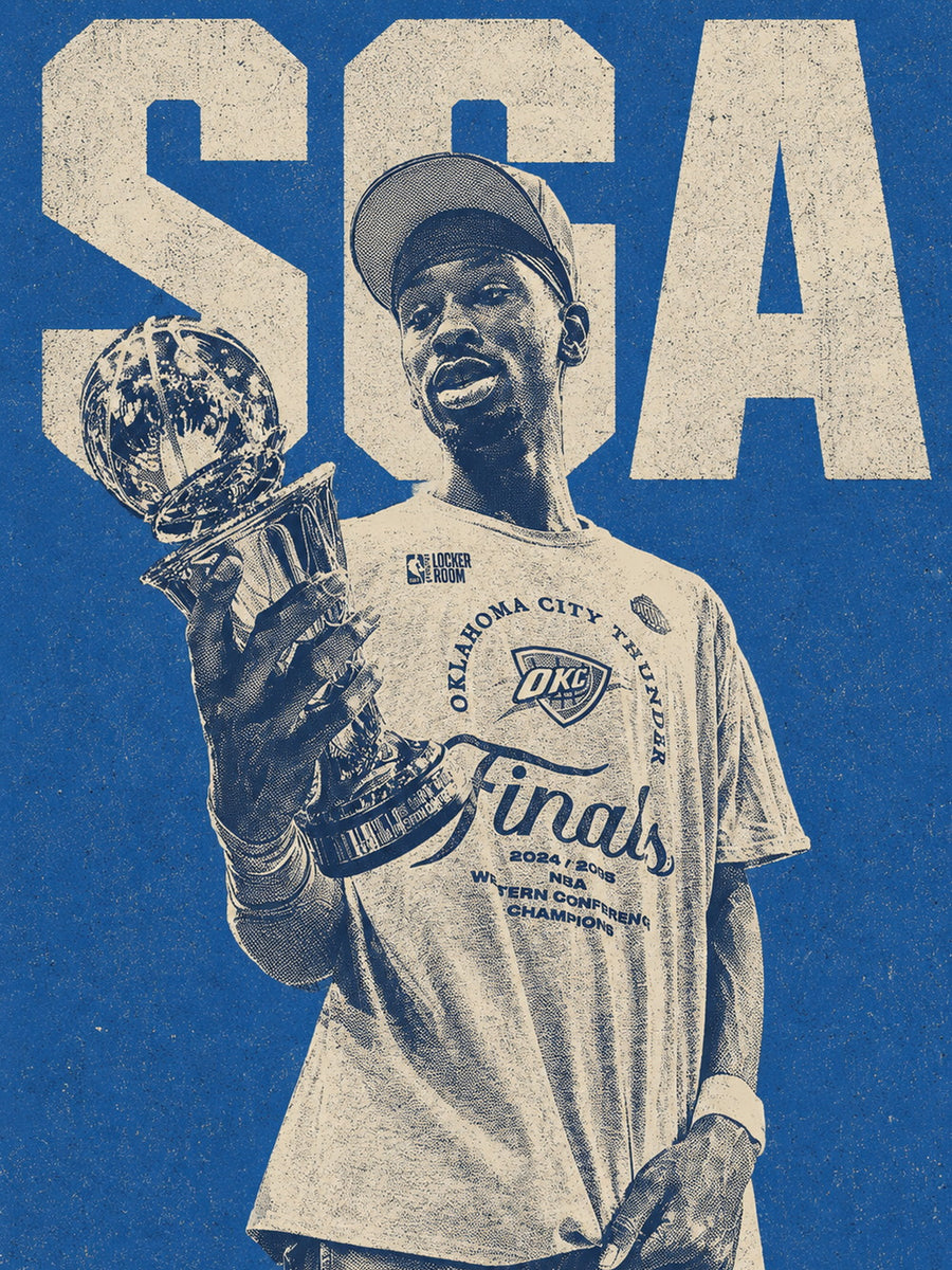 Vibrant poster of Shai Gilgeous-Alexander holding the championship trophy with Oklahoma City Thunder text.