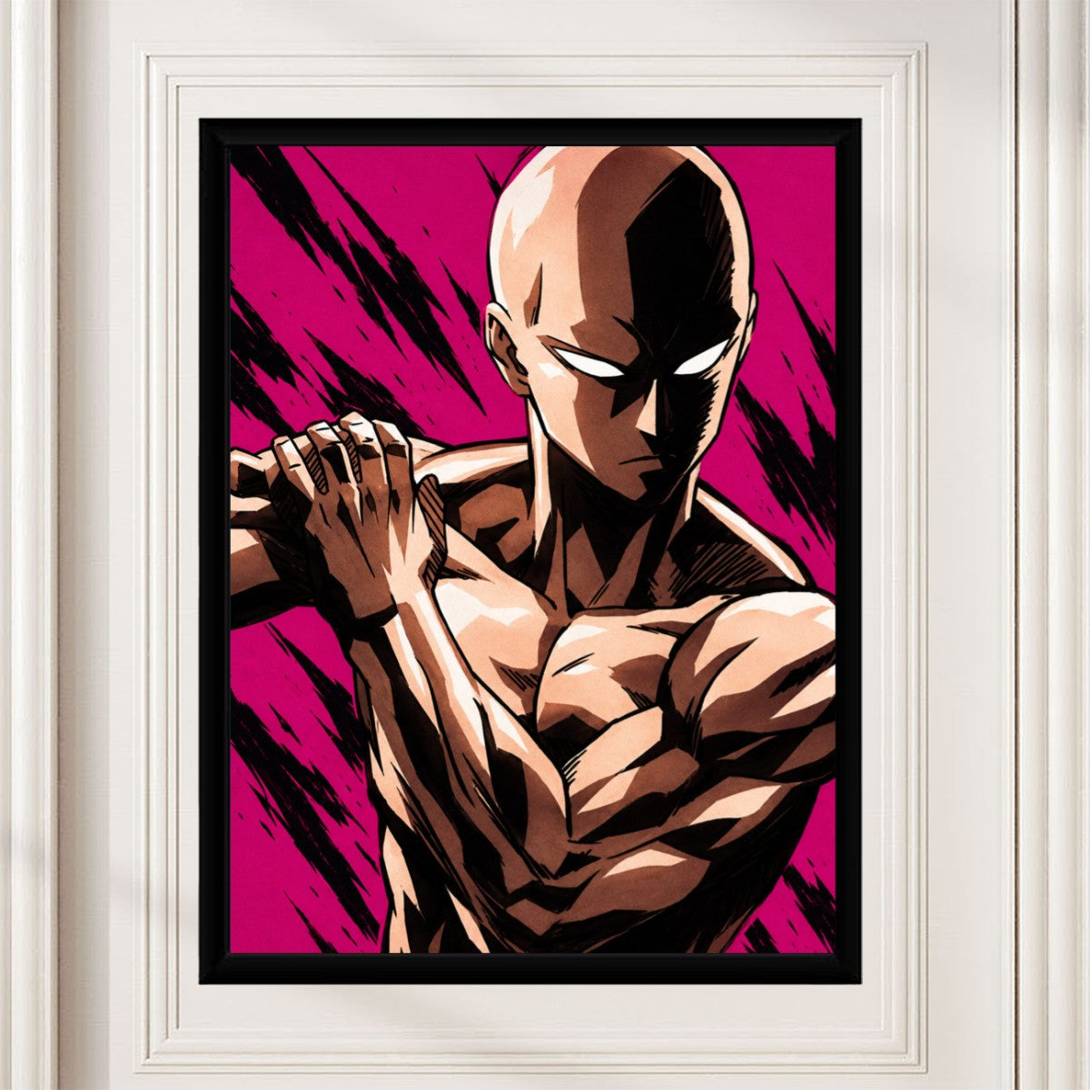 The Saitama One Punch Man poster displayed in a modern living room setting.