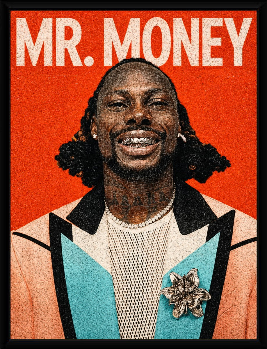 A stylish presentation of the Asake: Mr. Money poster in a sleek black frame, enhancing its colorful artwork.