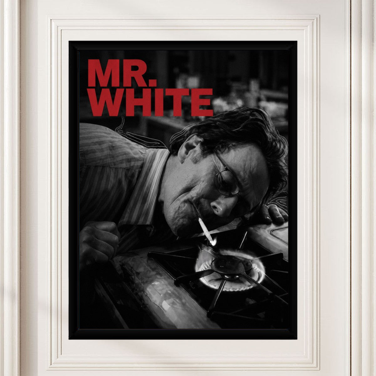 Walter White poster styled in a modern living room setting with minimalist decor.