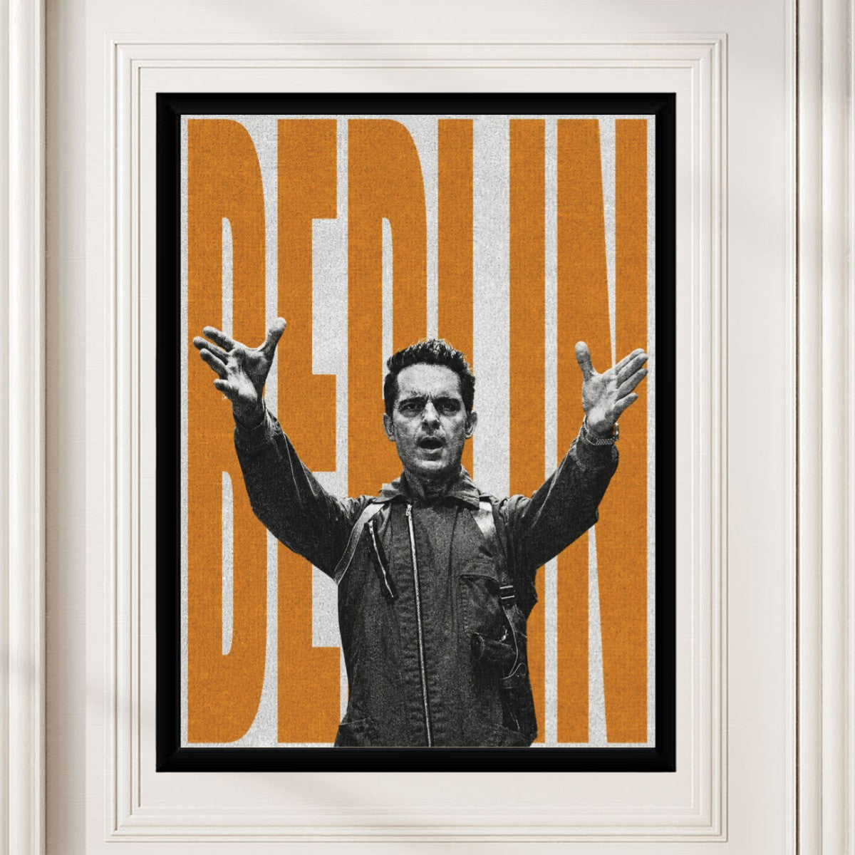Berlin from 'Money Heist' poster displayed in a stylish mockup setting.