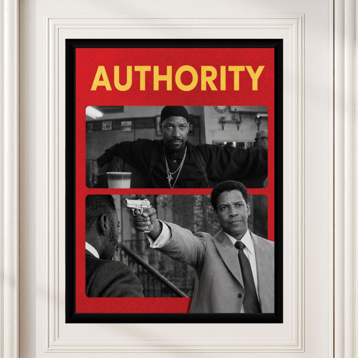 The Denzel Washington Authority Poster elegantly displayed in a stylish living room setting.