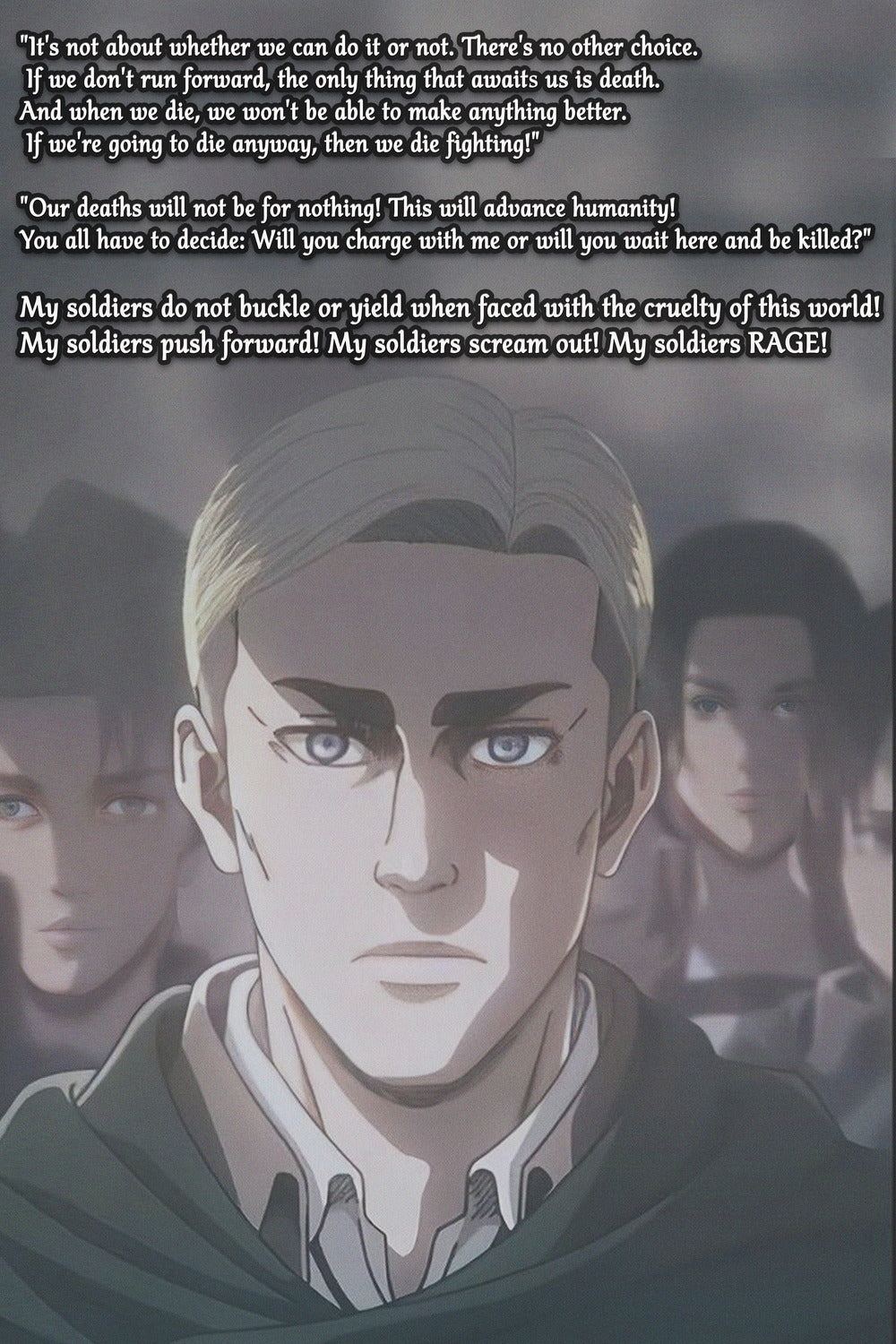 Striking poster of Erwin Smith delivering an inspiring speech, featuring intense visuals and powerful text.