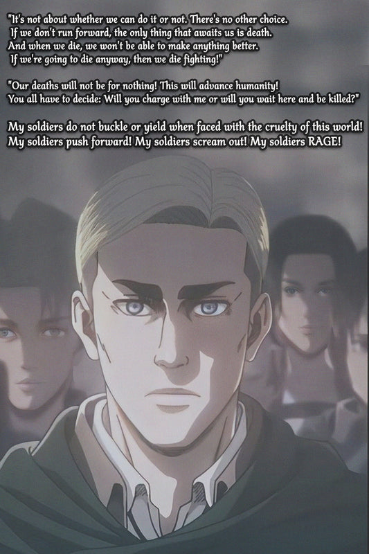 Striking poster of Erwin Smith delivering an inspiring speech, featuring intense visuals and powerful text.