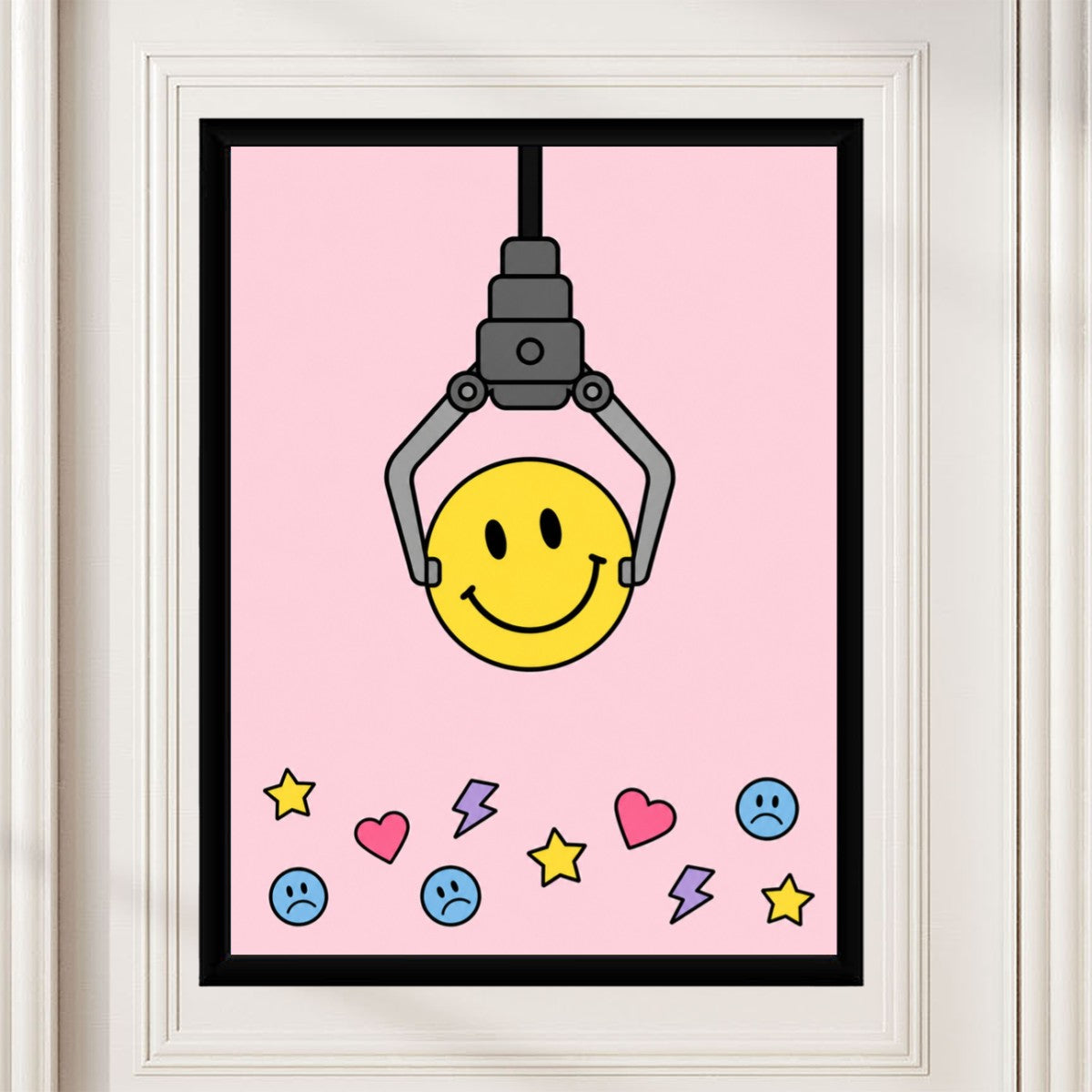 The Smiley Face poster elegantly displayed in a contemporary art setting, emphasizing its vibrant colors.