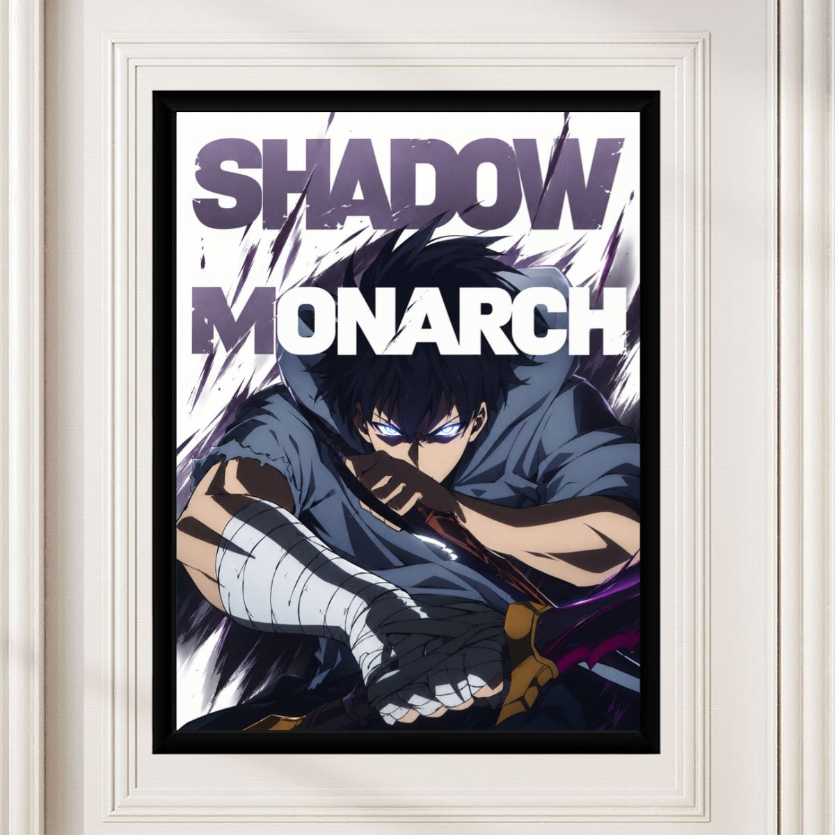 Sun Jinwoo - Shadow Monarch poster displayed in a stylish, contemporary setting with vibrant colors.