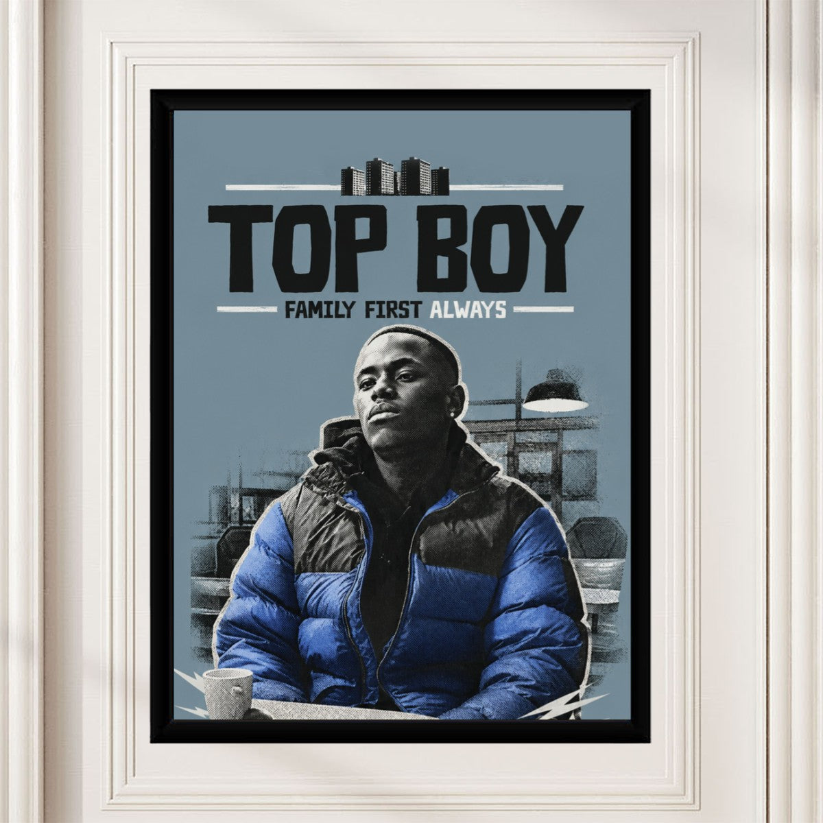 Top Boy poster displayed on a wall in a styled setting, emphasizing its urban and artistic design.