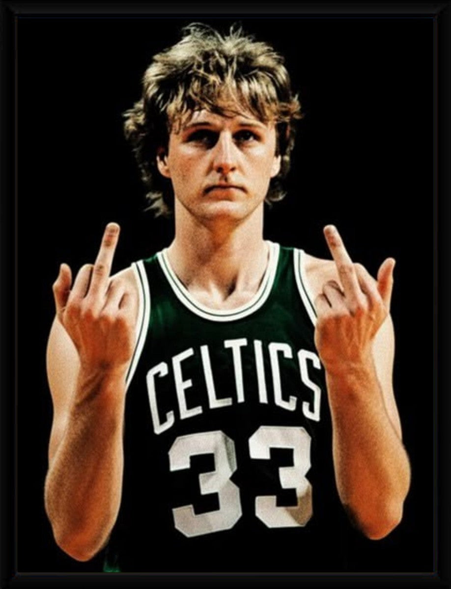 Larry Bird poster displayed in a sleek black frame, enhancing its bold imagery.