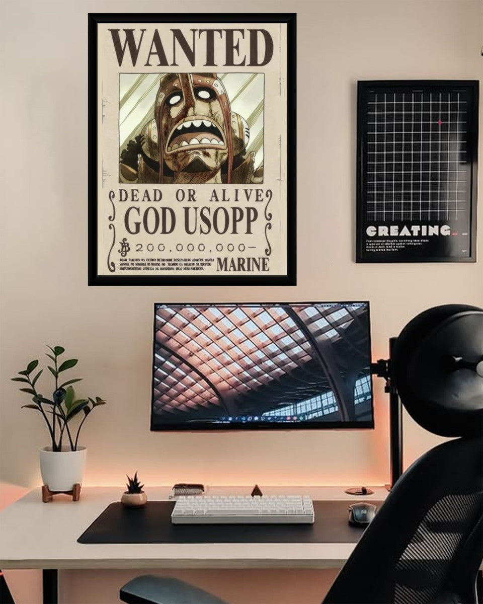 God Usopp Wanted Poster showcased in a cozy home environment.