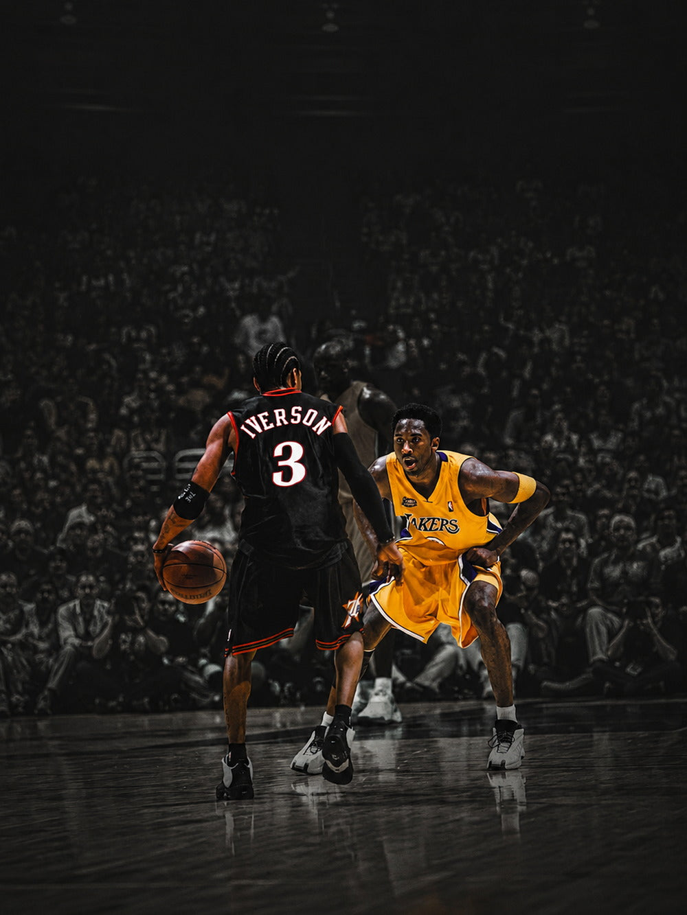 A vibrant poster showcasing Allen Iverson and Kobe Bryant in action, highlighting their iconic basketball styles.