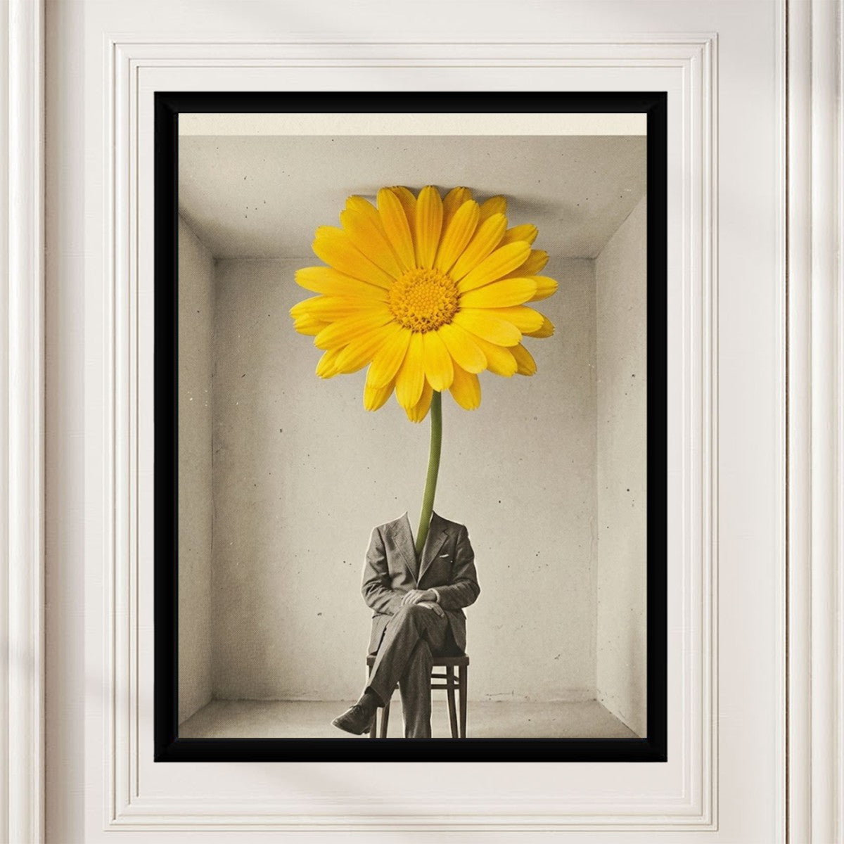 The Man with Sunflower poster elegantly presented on a minimalist wall in a bright workspace.