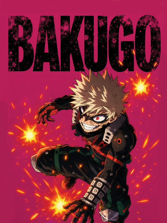 A vibrant action poster featuring Bakugo from My Hero Academia in a dynamic pose.