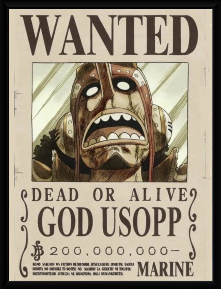 Framed version of the God Usopp Wanted Poster highlighting its colorful design.
