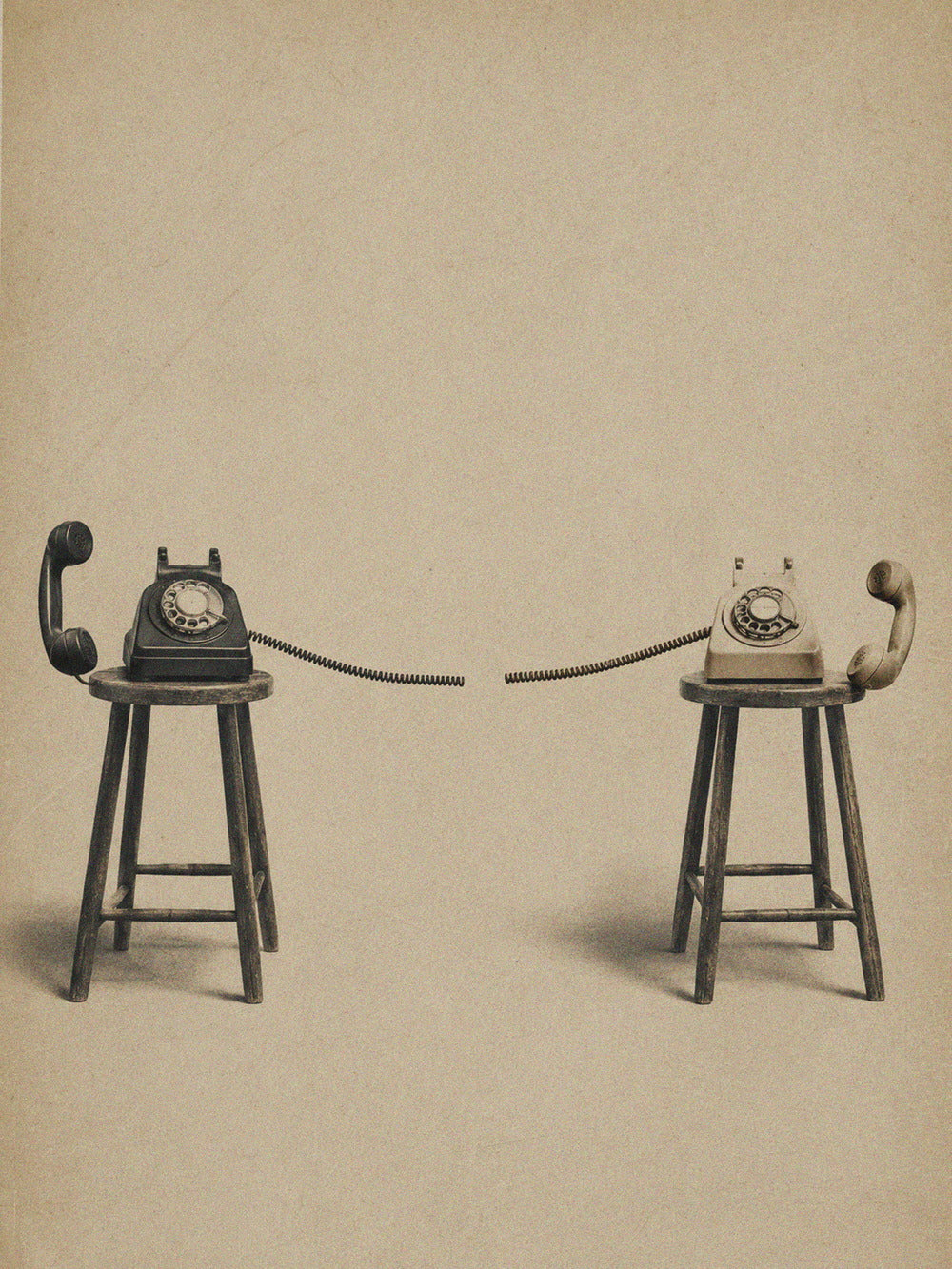 An artistic poster depicting two vintage telephones on stools against a neutral background.