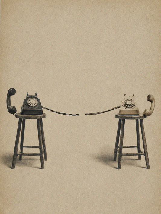 An artistic poster depicting two vintage telephones on stools against a neutral background.