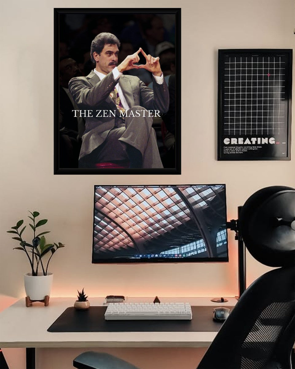 The Phil Jackson Zen Master Poster elegantly presented in a stylish room, complementing the decor with its dark tones.