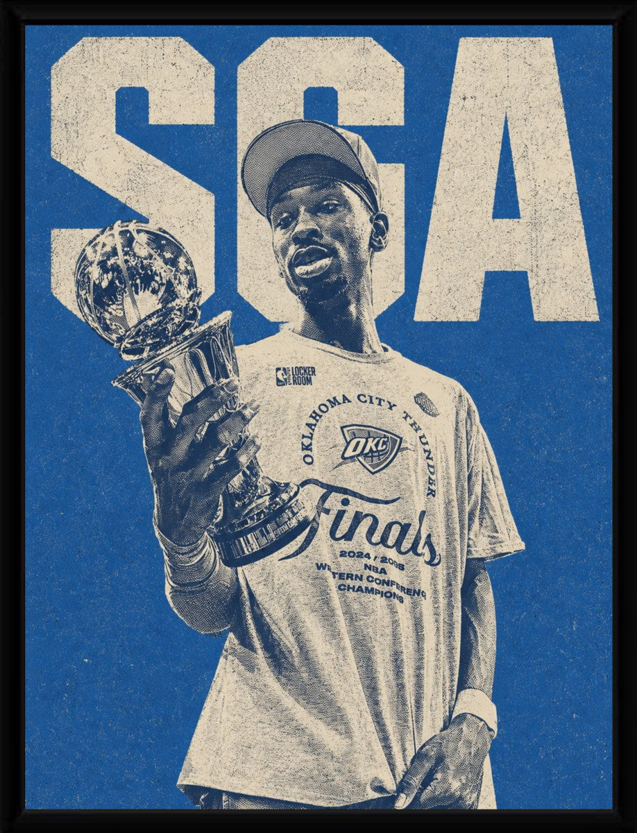 Framed poster of Shai Gilgeous-Alexander celebrating a championship win, elegantly displayed.