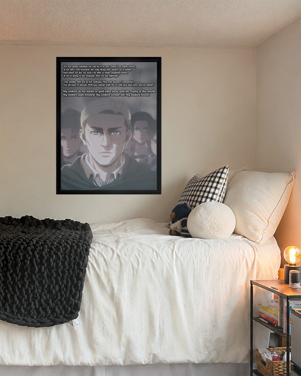 Erwin Smith poster displayed in a stylish mockup setting, emphasizing the character's intense gaze and inspiring words.