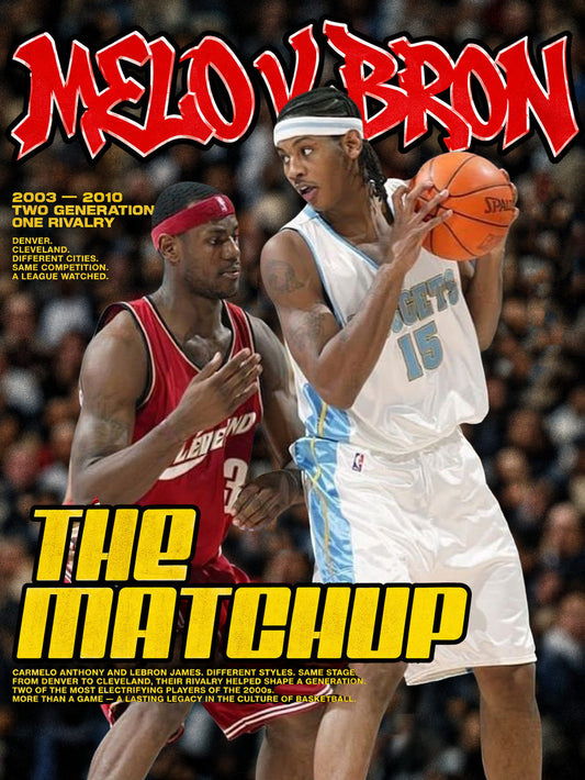 A colorful poster featuring Carmelo Anthony and LeBron James showcasing their rivalry on the basketball court.
