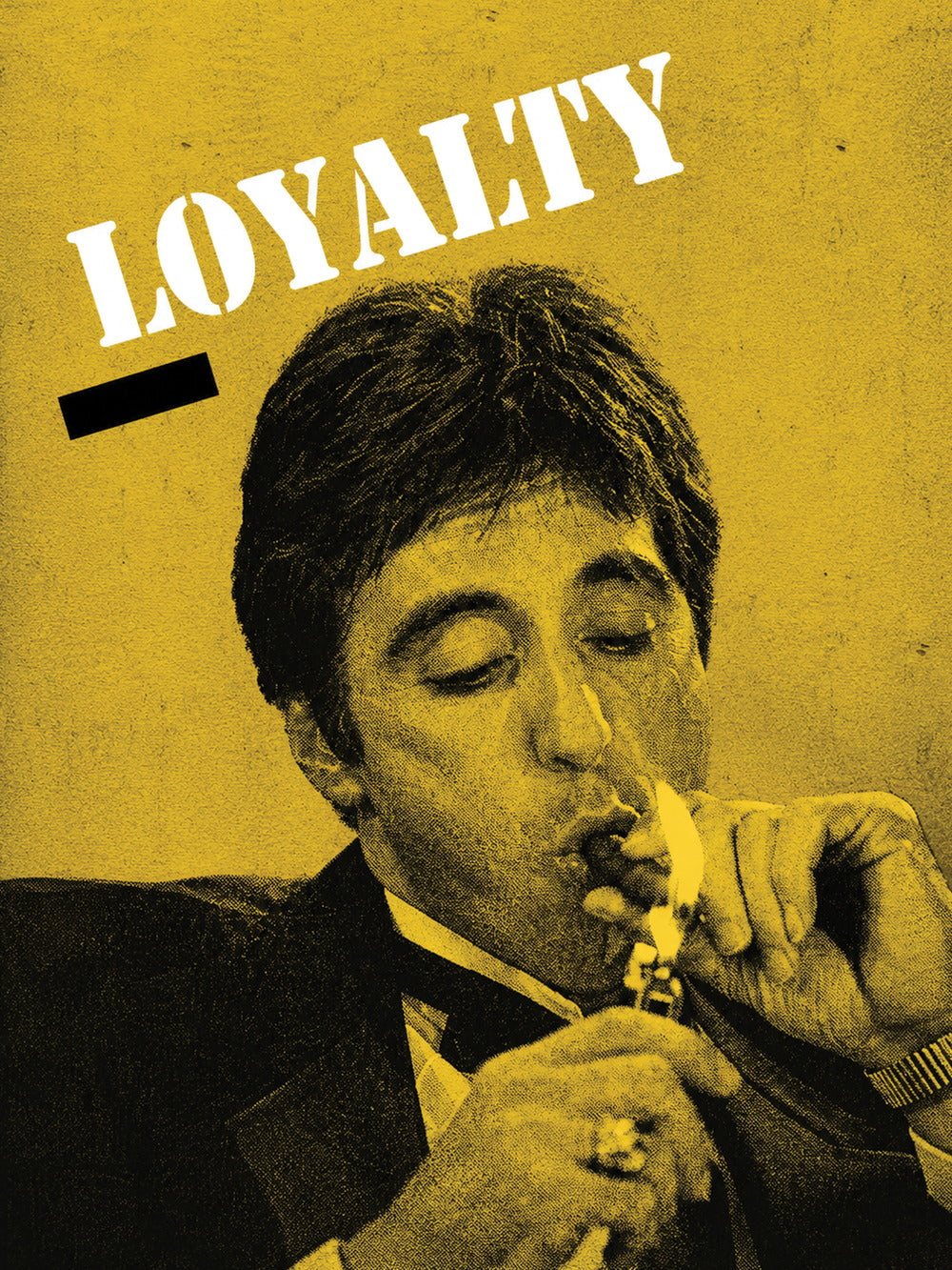 Al Pacino Loyalty poster with bold yellow backdrop and graphic text LOYALTY.