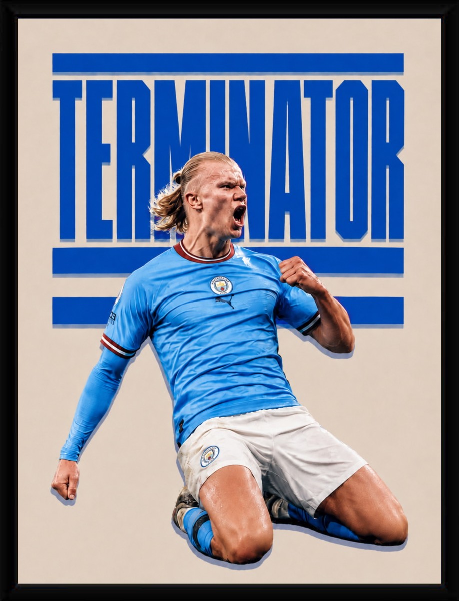 Framed Erling Haaland Terminator poster showcasing vibrant colors and energetic design.