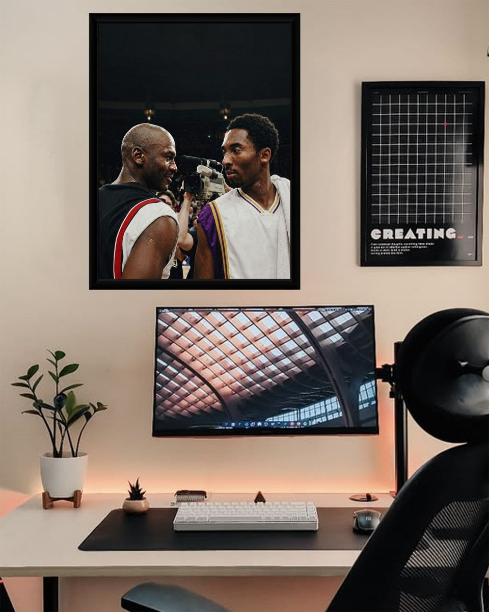 The sports-themed poster showcased in a home office, adding a touch of inspiration to the workspace.