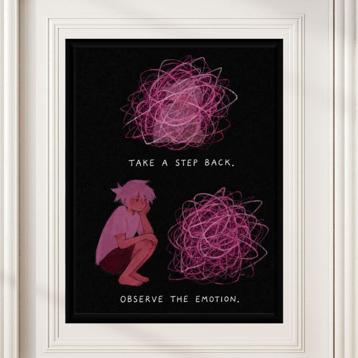 The 'Take a Step Back' poster presented in an elegant home office, complementing the calming atmosphere.