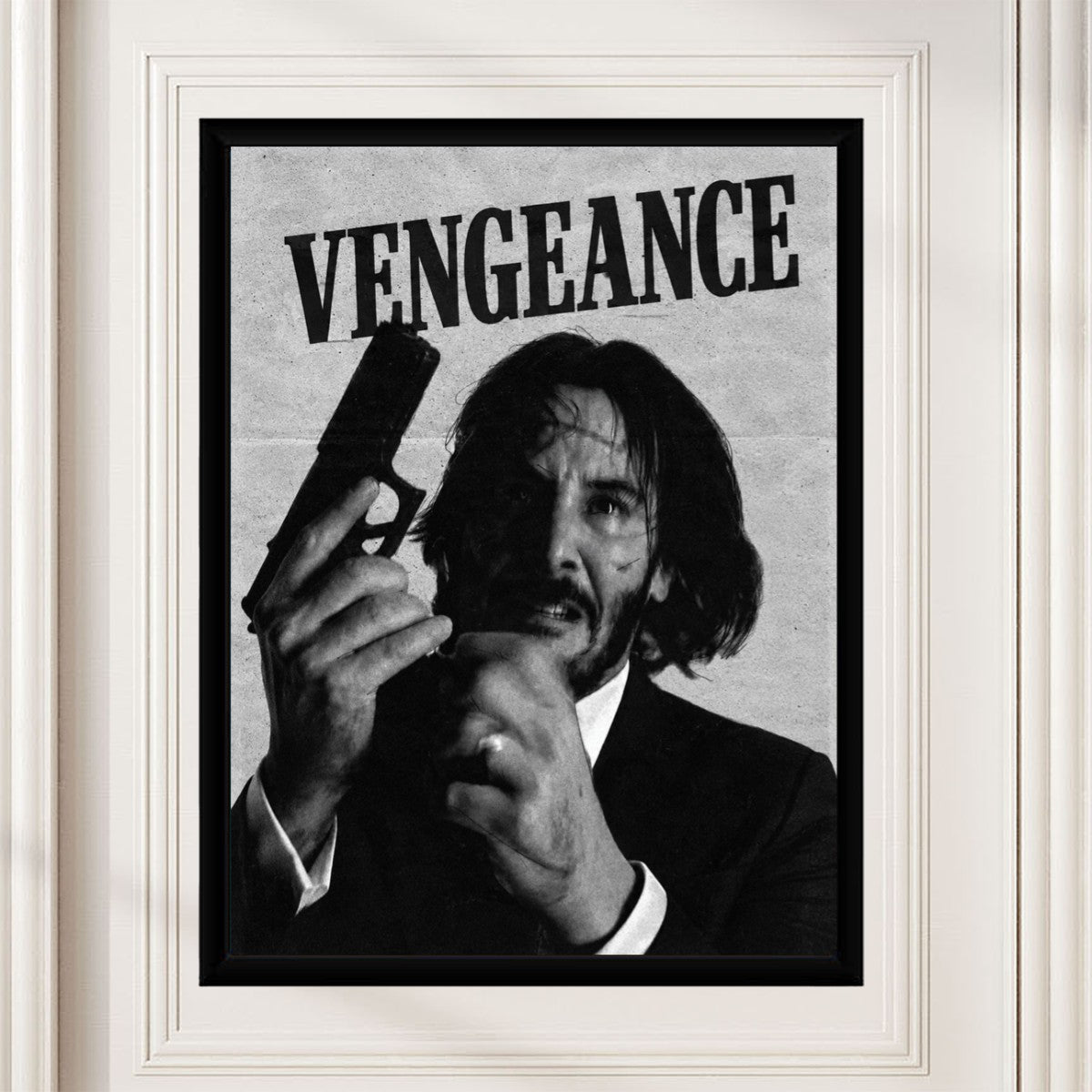 The John Wick Vengeance poster showcased in a stylish setting, emphasizing its dark and gritty vibe.