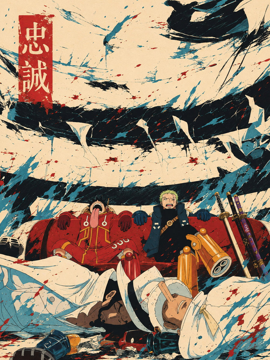 A colorful poster featuring Zoro and Luffy from the anime series, capturing their adventurous spirit.