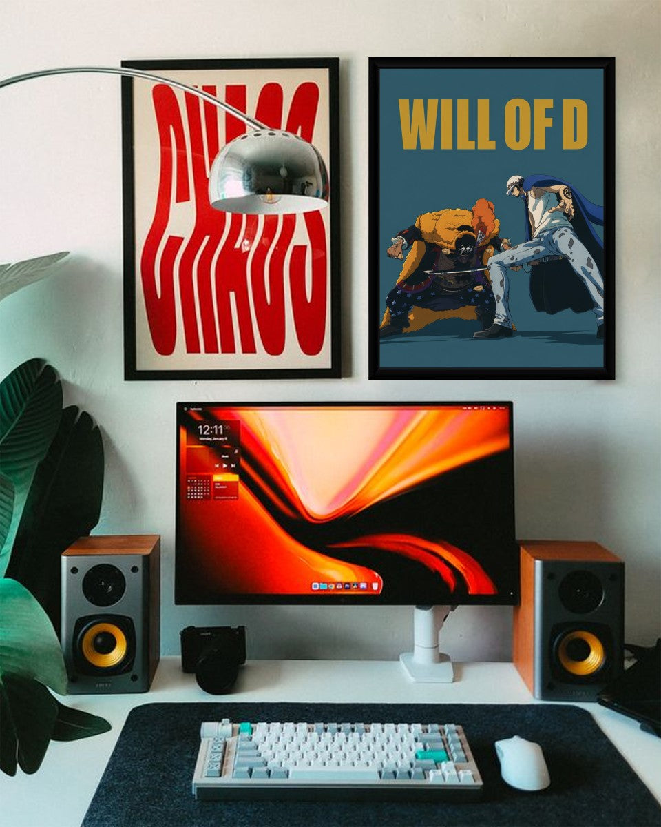 Anime poster of Law and Blackbeard presented in a stylish workspace.