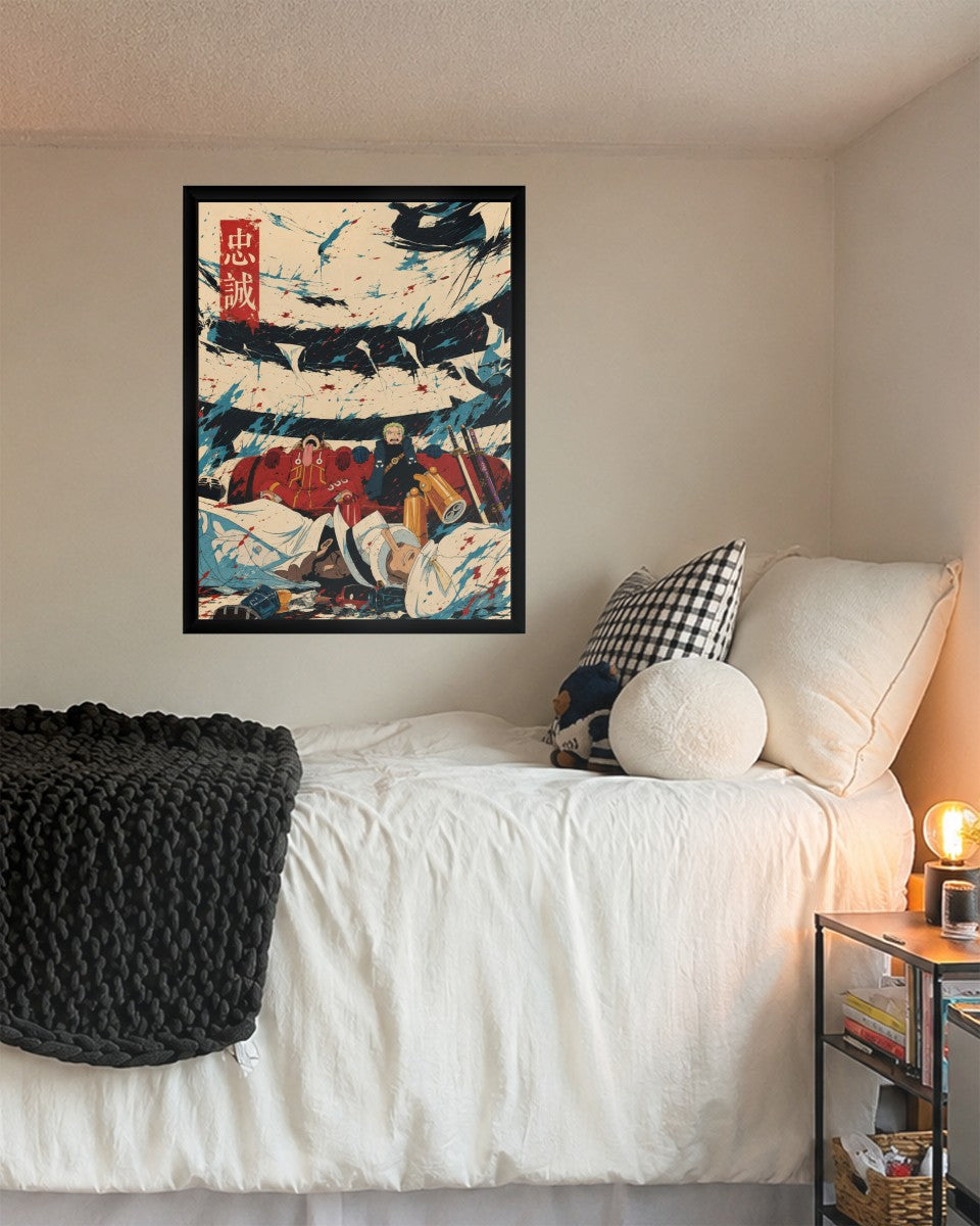 Zoro and Luffy poster beautifully showcased in a modern room setting.