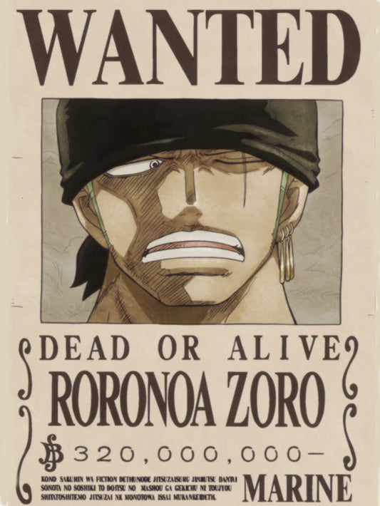 Roronoa Zoro Wanted Poster featuring a fierce expression with 'WANTED', 'DEAD OR ALIVE', and a bounty of $320,000,000.