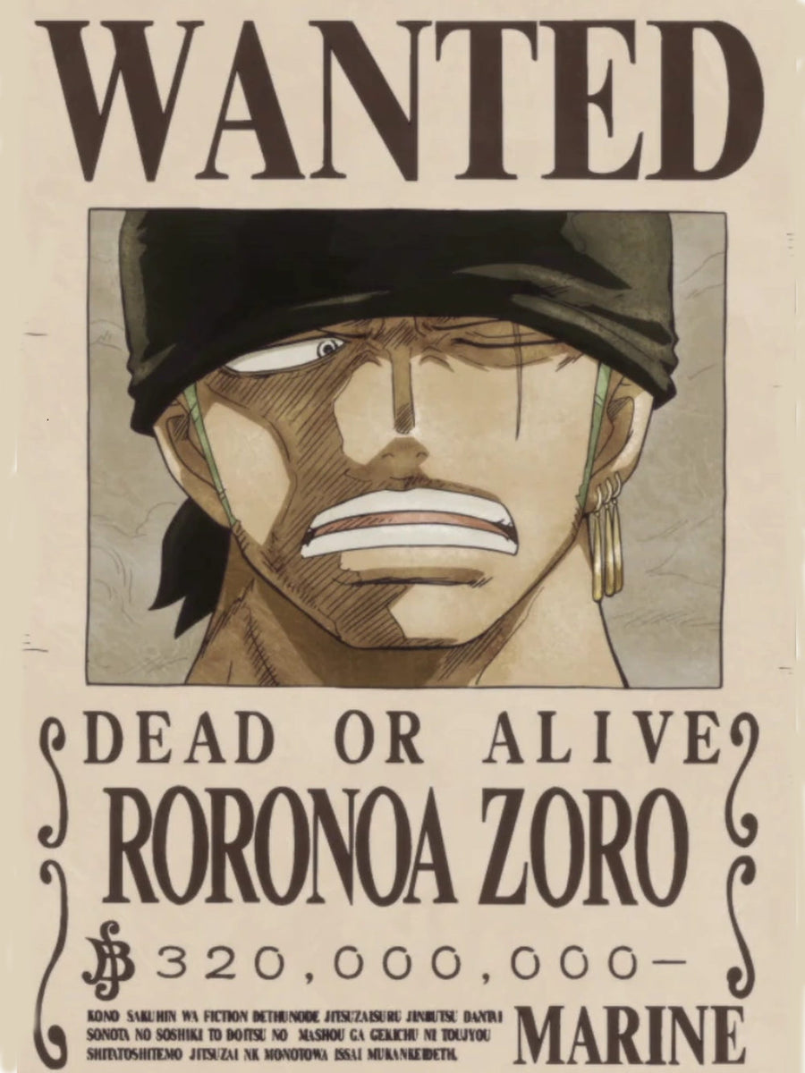 Roronoa Zoro Wanted Poster featuring a fierce expression with 'WANTED', 'DEAD OR ALIVE', and a bounty of $320,000,000.