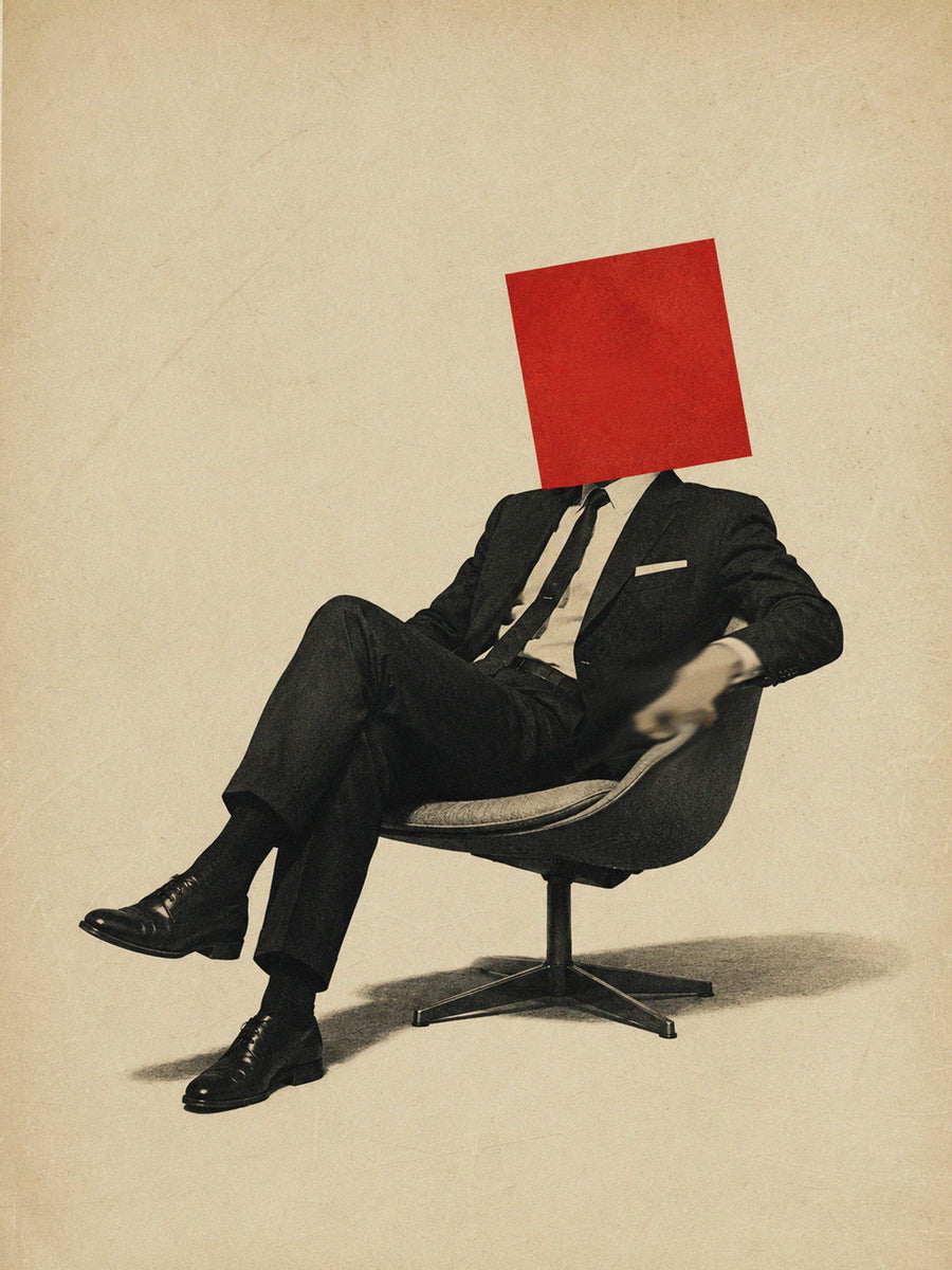 A minimalist poster featuring a stylishly dressed man seated in a modern chair with his head replaced by a bold red square.