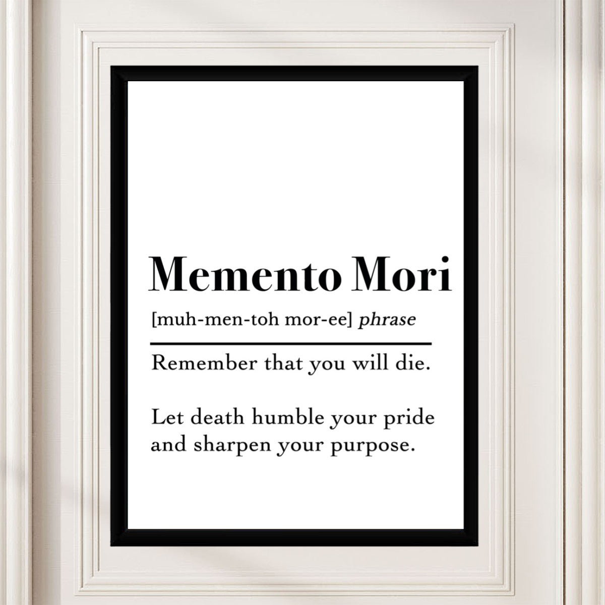 The Memento Mori poster artfully arranged in a minimalist room, evoking a sense of reflection and purpose.