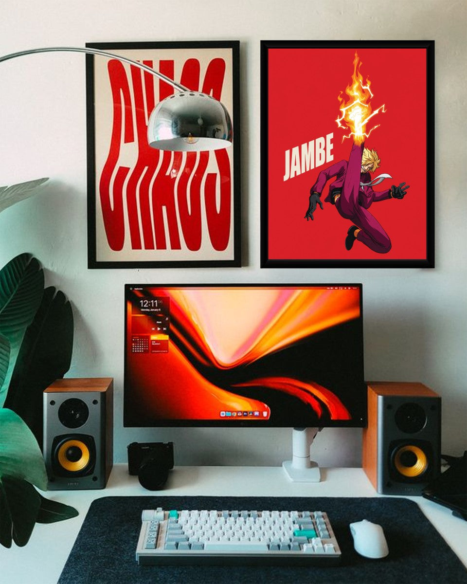 Sanji action poster presented in a stylish office setting, highlighting its energetic design.