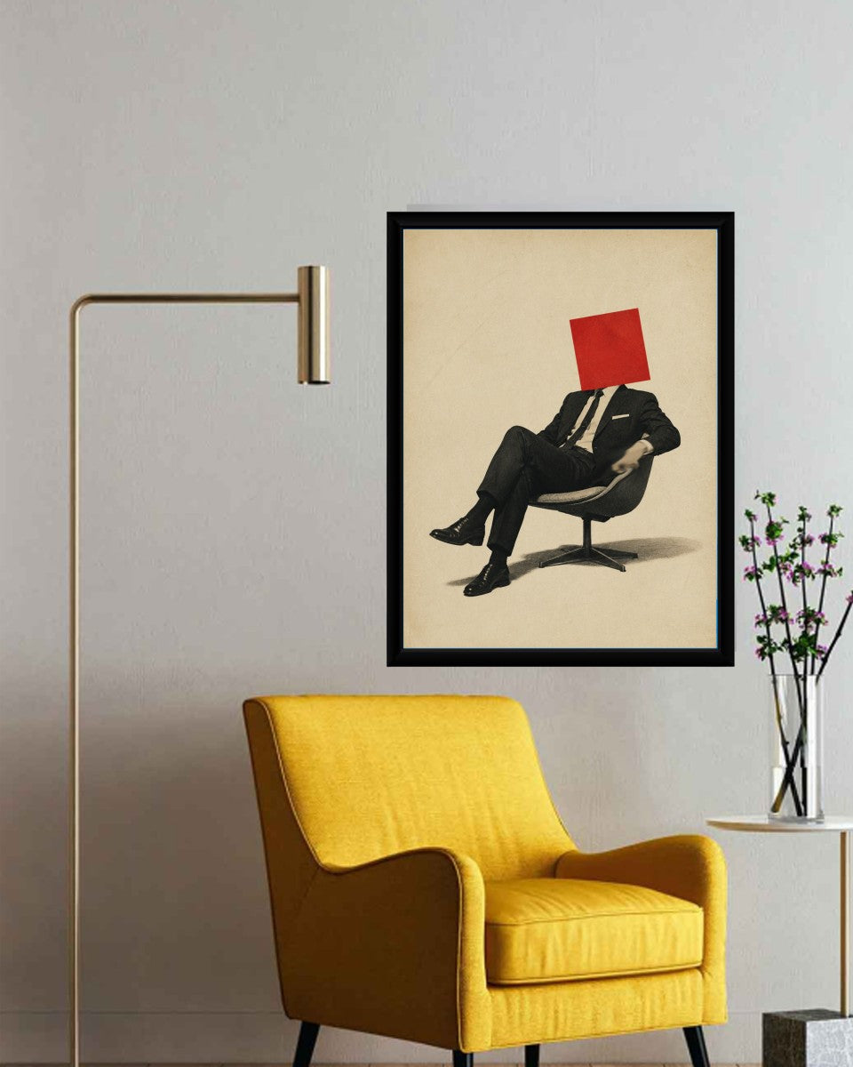 The abstract man sitting poster showcased in a bright and airy styled office setting.