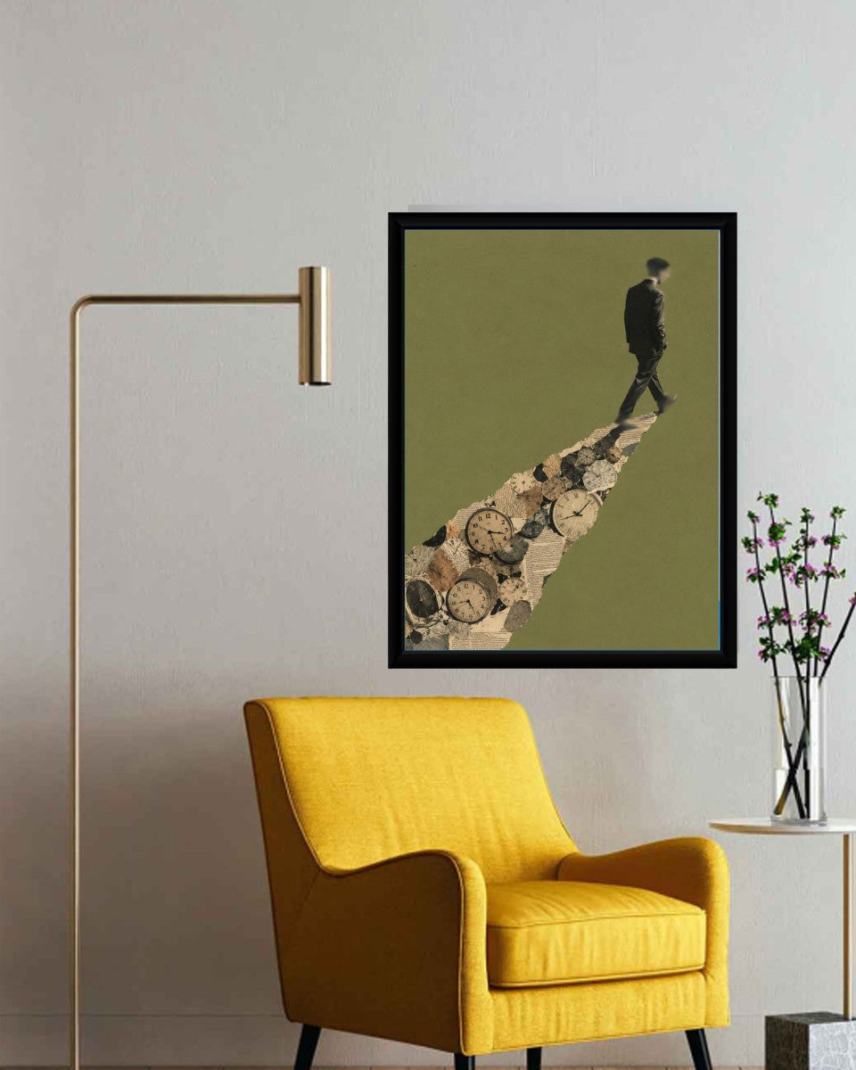 The man walking away poster styled in a contemporary office setting, showcasing its artistic appeal.