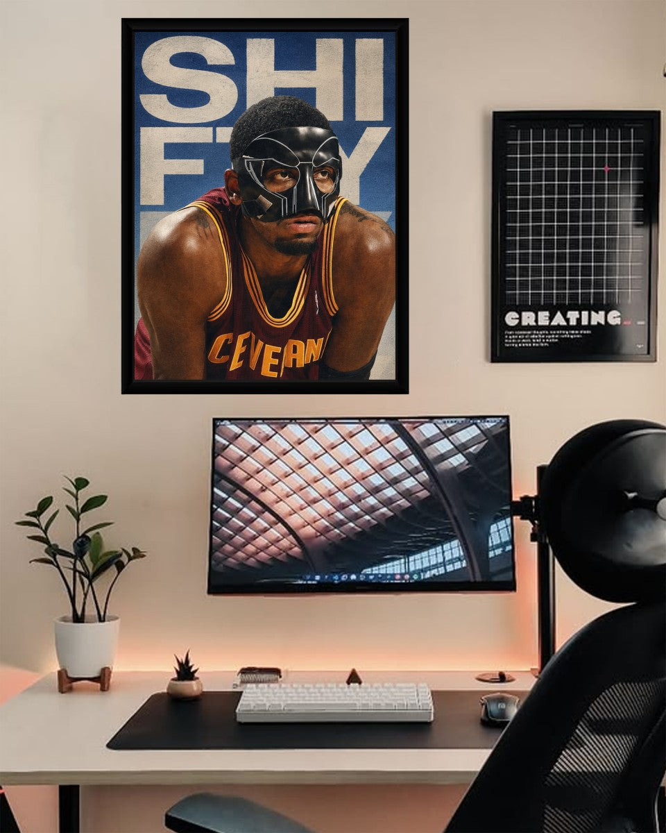 Kyrie Irving poster featured on an office wall, adding a dynamic touch to the workspace.