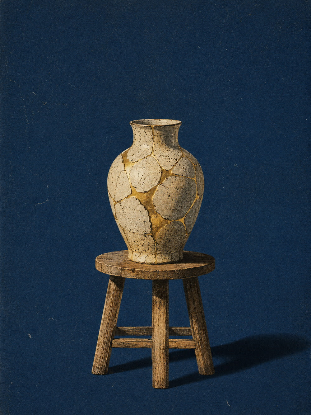 A minimalist poster featuring a cracked vase on a wooden stool with a deep blue background.