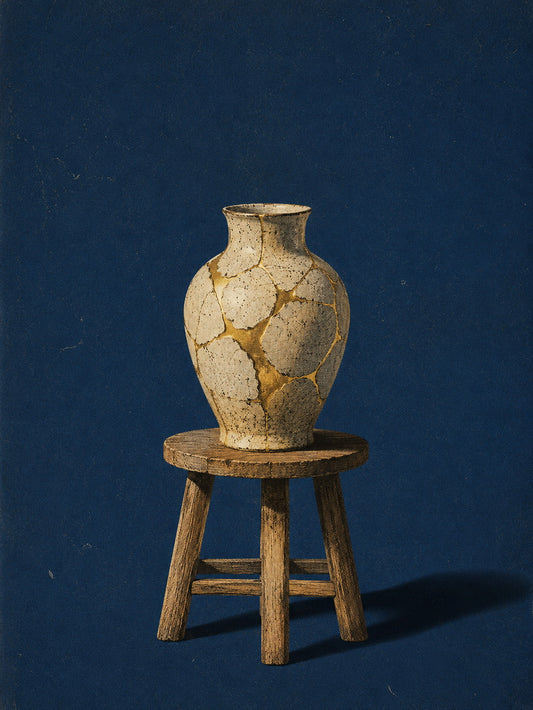 A minimalist poster featuring a cracked vase on a wooden stool with a deep blue background.