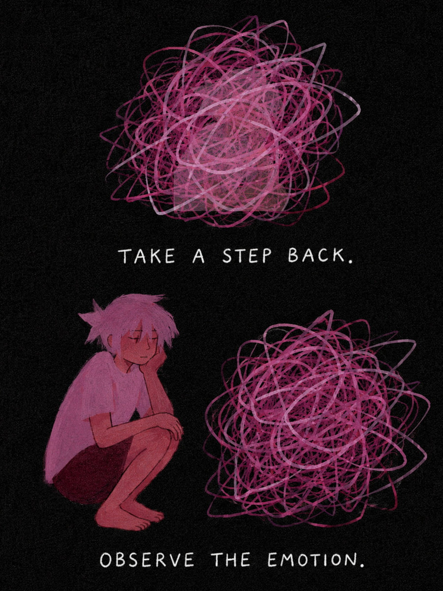 A motivational poster featuring the text 'TAKE A STEP BACK. OBSERVE THE EMOTION.' against a dark background.