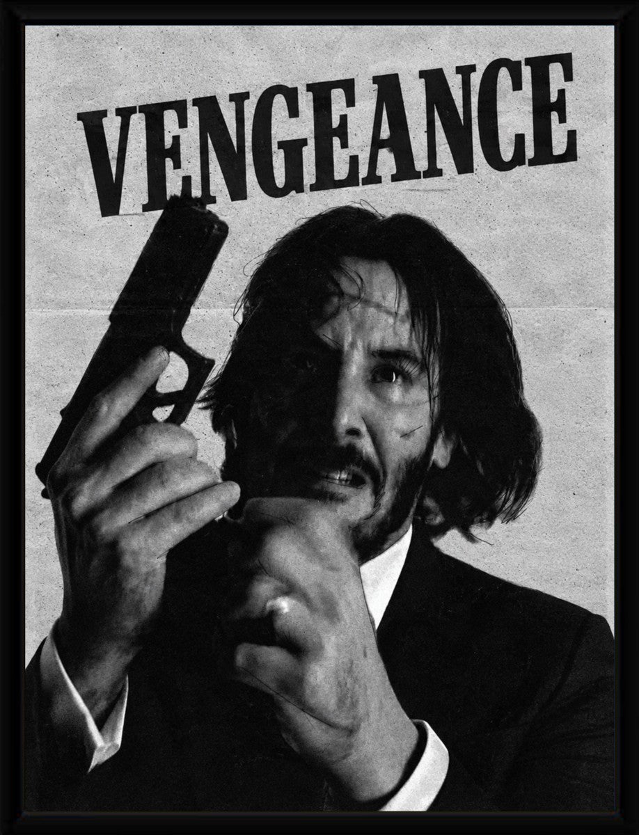 The John Wick Vengeance poster elegantly displayed in a black frame, highlighting the intense, monochromatic design.