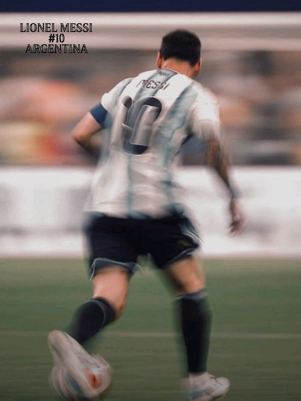 Dynamic poster featuring Lionel Messi in action, showcasing his skill in soccer.