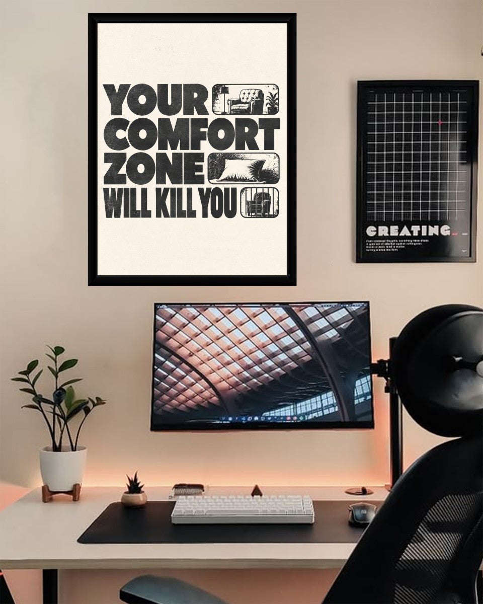 The poster displayed elegantly in a minimalist office environment.