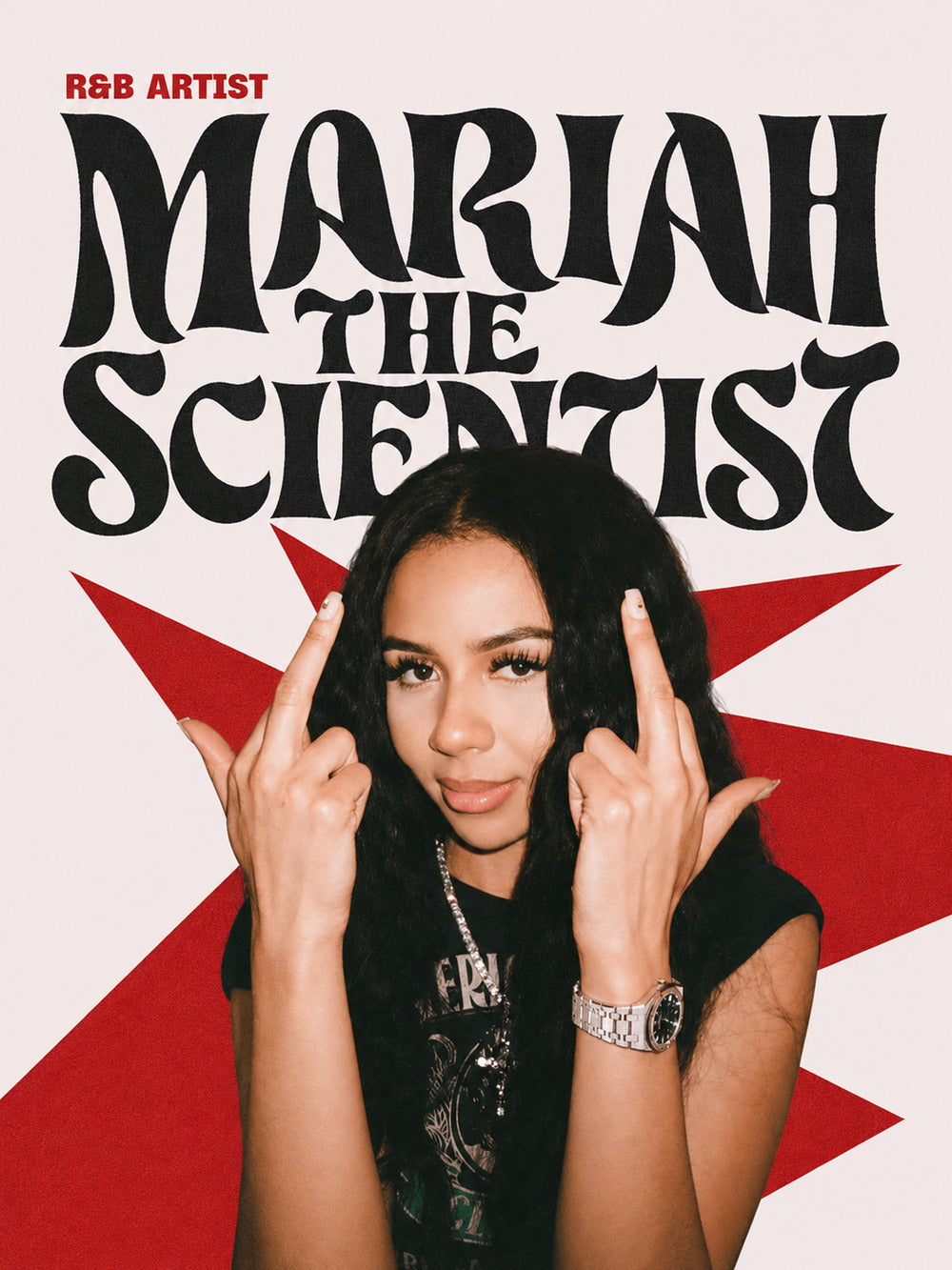 A vibrant poster of Mariah the Scientist featuring her confident attitude and modern style against a bold, colorful