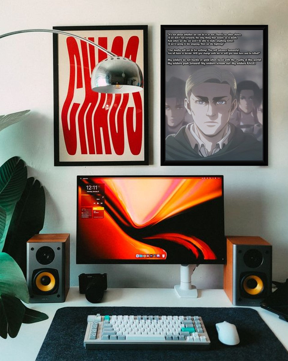 Anime poster of Erwin Smith in a vibrant mockup, showcasing dramatic colors and the bold quote.