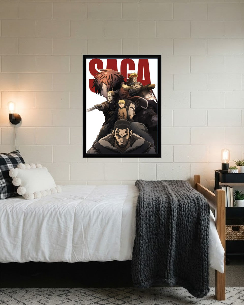 Vinland Saga poster displayed in a stylish modern setting, emphasizing its colorful artwork.