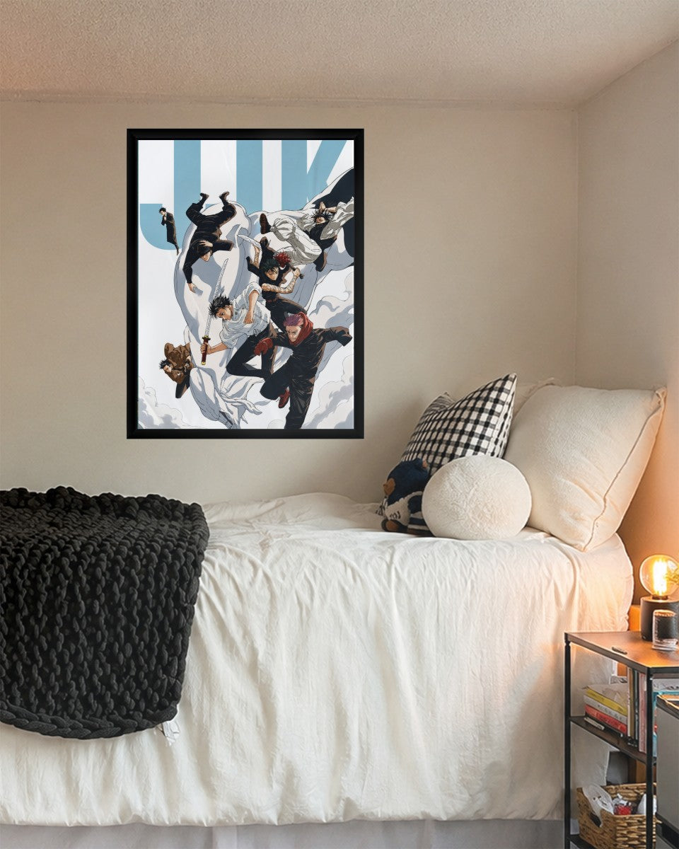 The Jujutsu Kaisen action poster showcased in a stylish room setting, adding character to the interior.