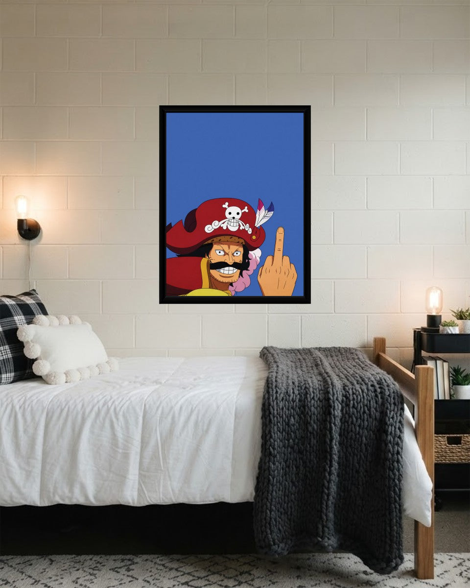 Gold D. Roger poster in a stylish living room setting, enhancing the space with its vibrant colors.